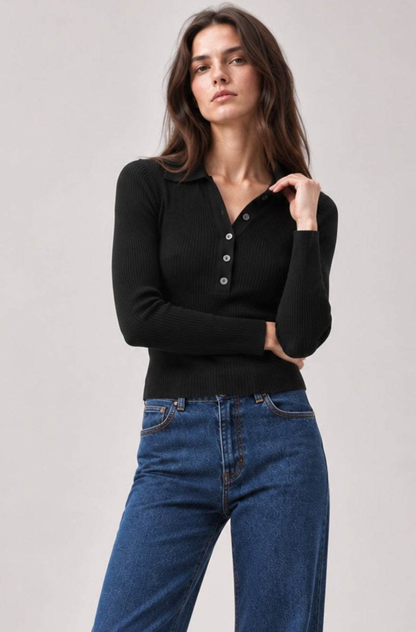 VISCOSE RIBBED COTTON HENLEY SWEATER