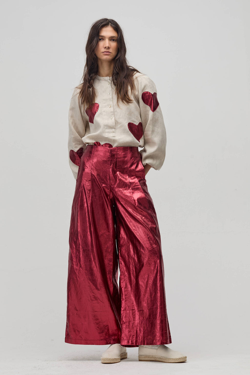 Culotte Metallic Linen Pant - Cherry Red