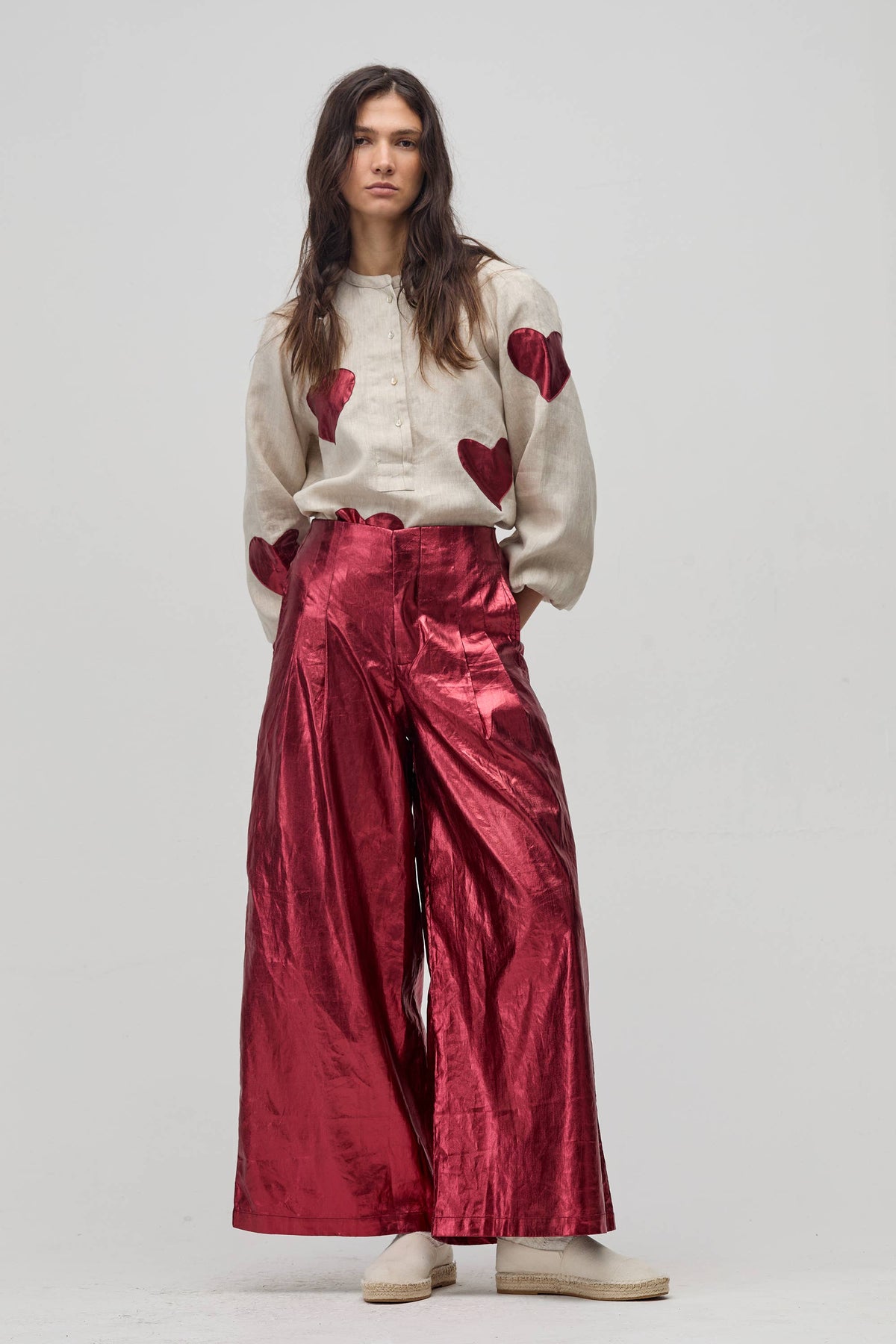 Culotte Metallic Linen Pant - Cherry Red