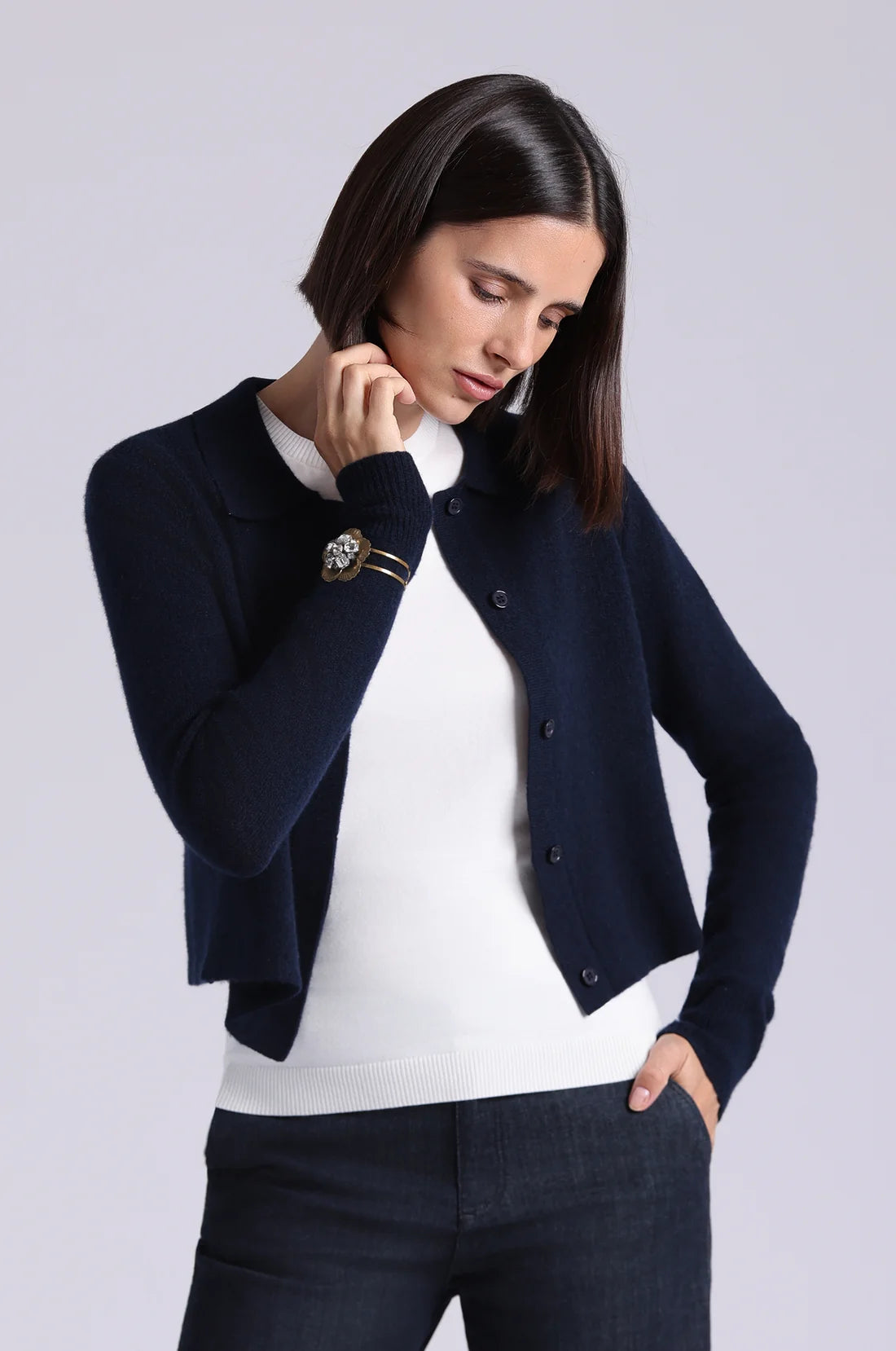 CASHMERE FLANGE FRONT CARDIGAN WITH COLLAR