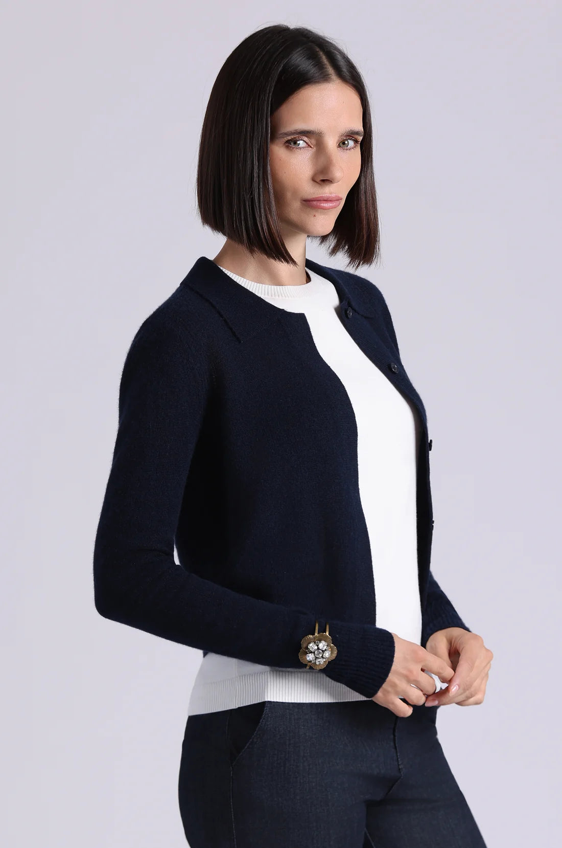 CASHMERE FLANGE FRONT CARDIGAN WITH COLLAR