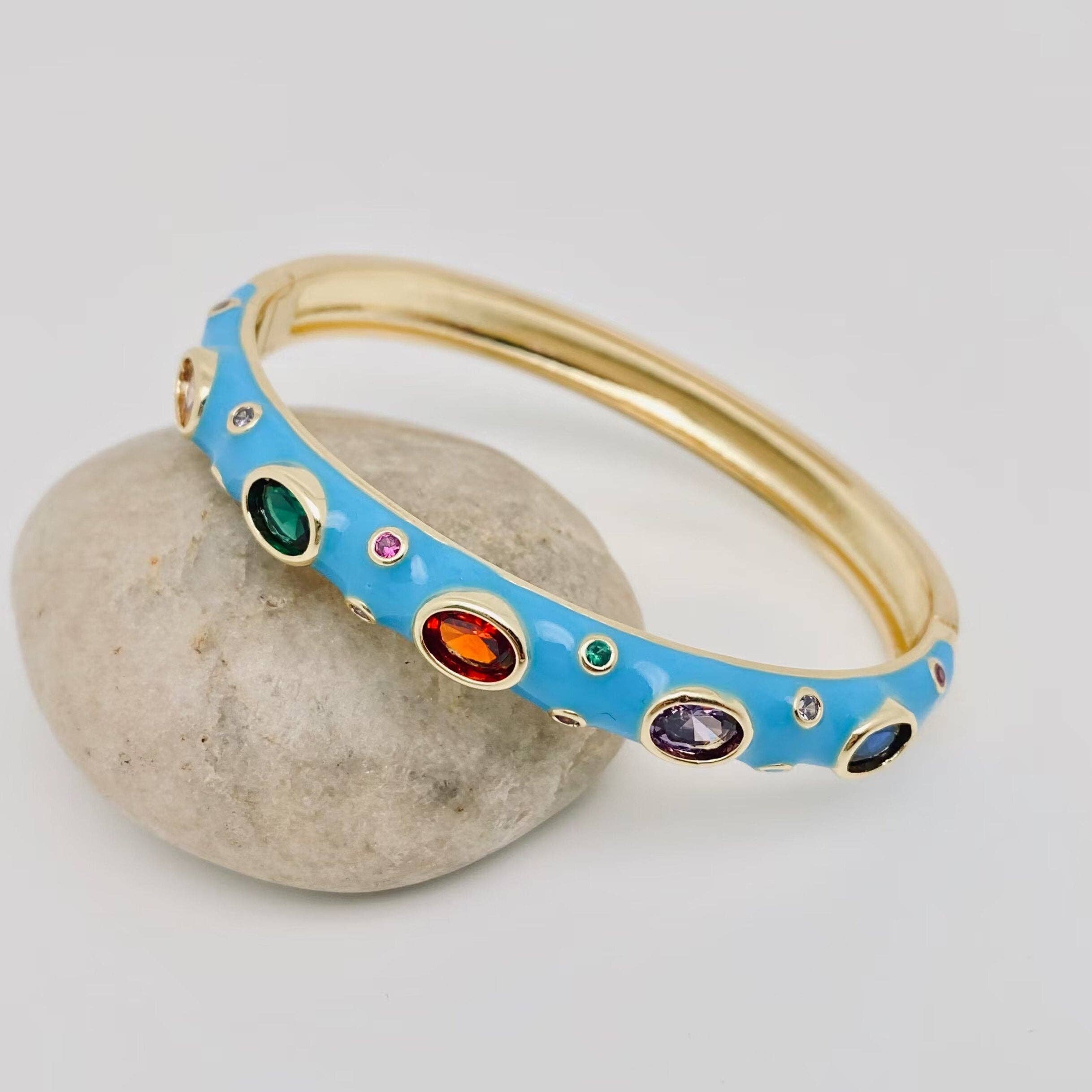 Inlaid Cubic Zirconia Gold Plated 8MM Enamel Bangle