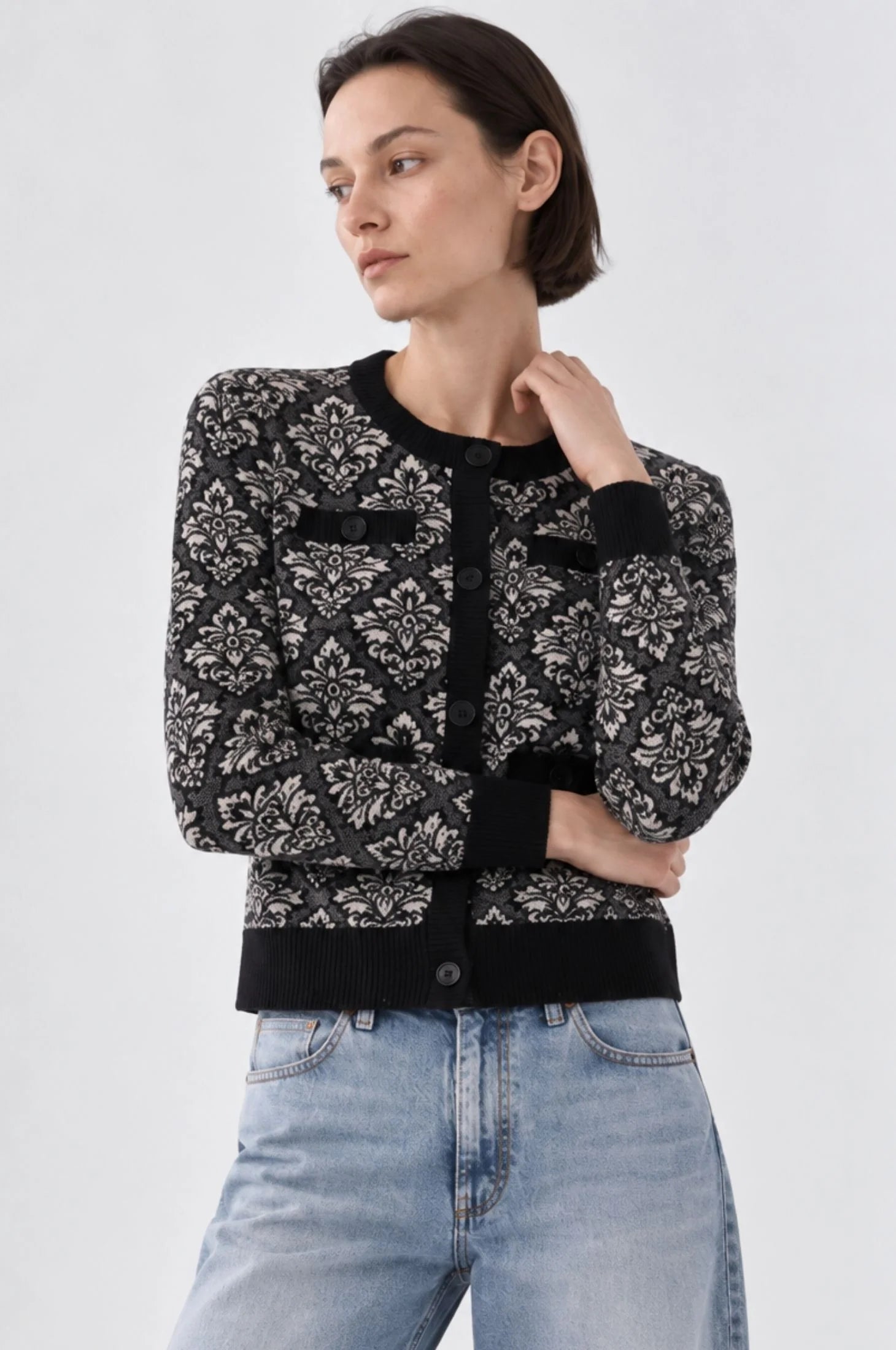 Damask Jacquard Crew Cardi
