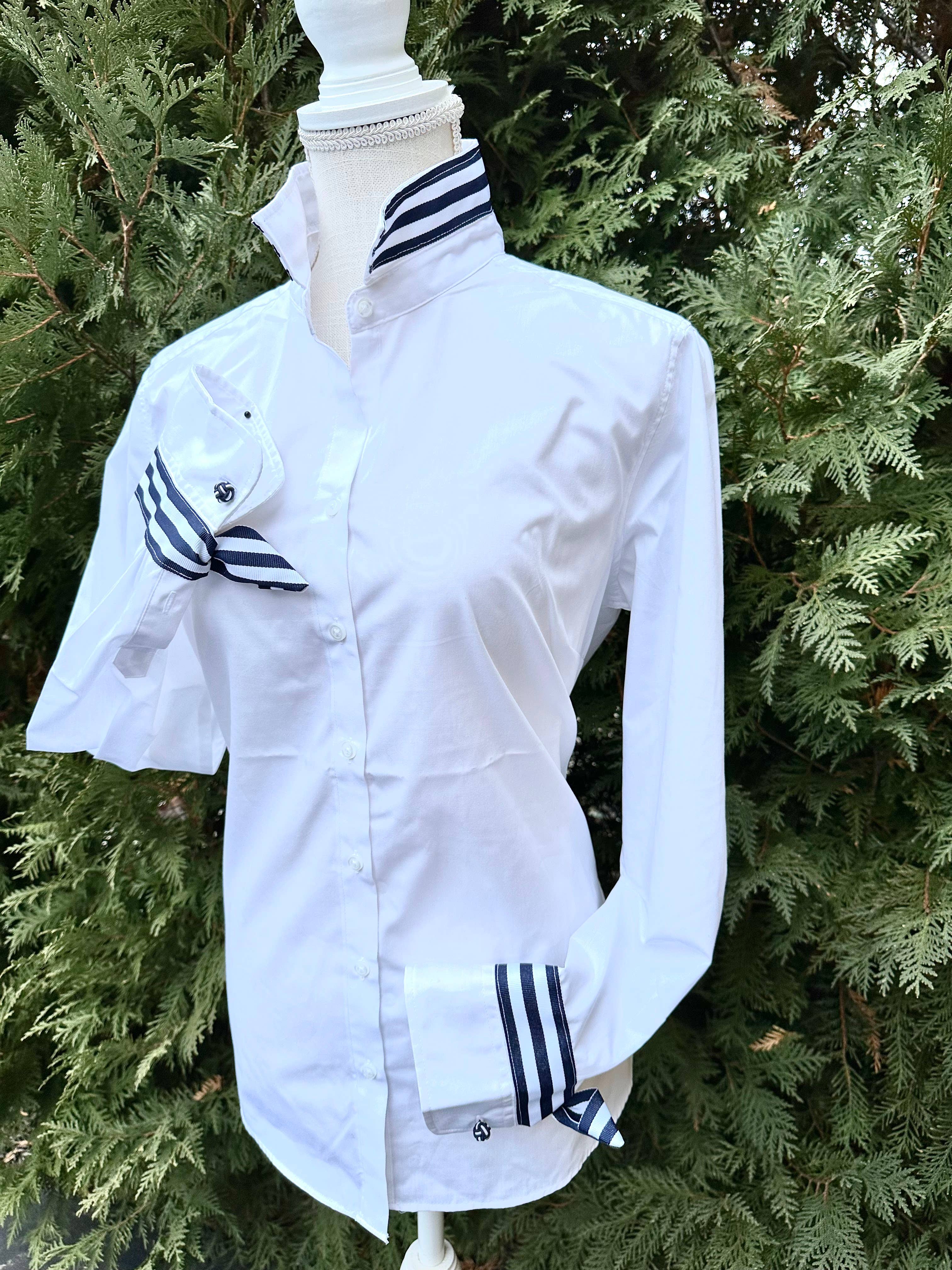 Audrey Ribbon White w Navy White Stripe Ribbon