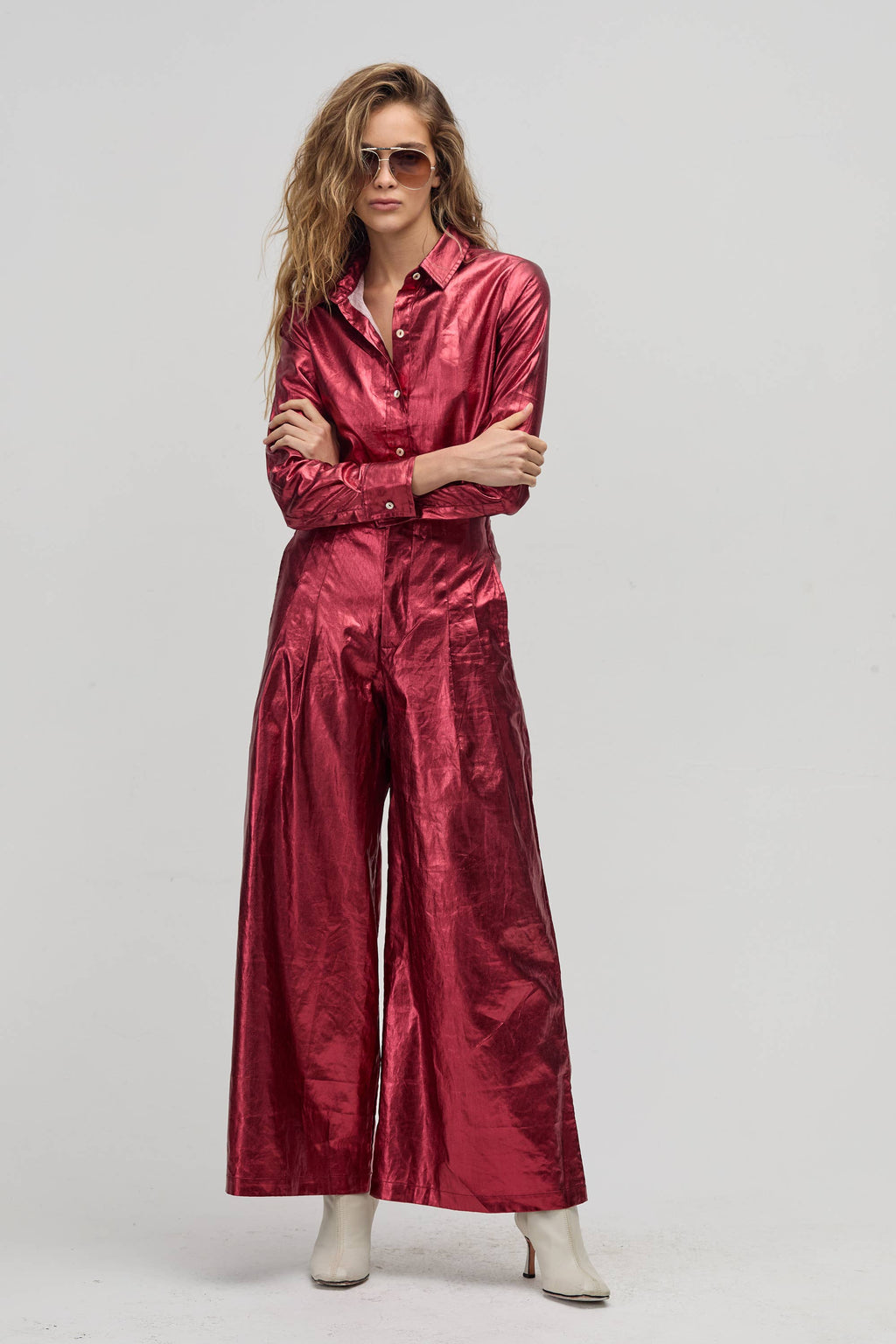 Culotte Metallic Linen Pant - Cherry Red