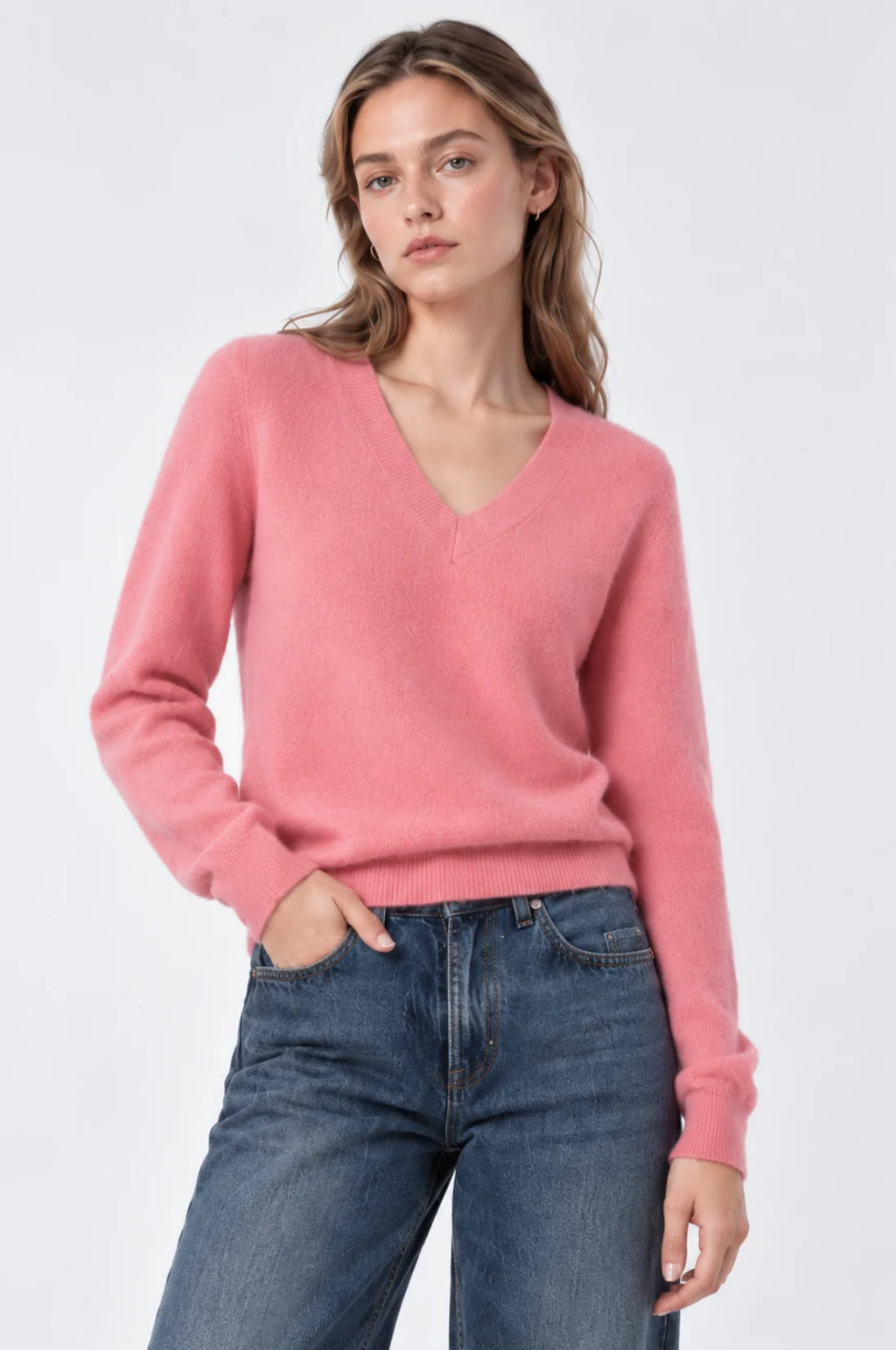 100% Cashmere LS Shrunken V Neck