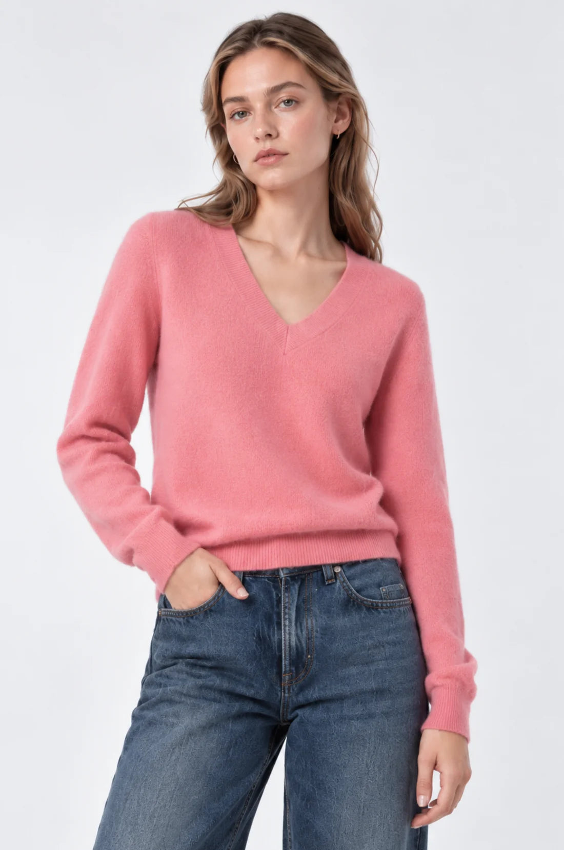 100% Cashmere LS Shrunken V Neck