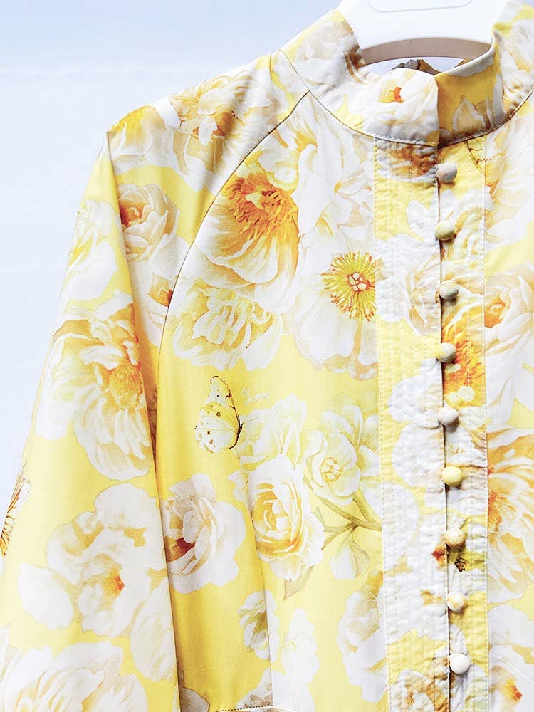Graceful Floral Print Lantern Sleeve Belted Dress