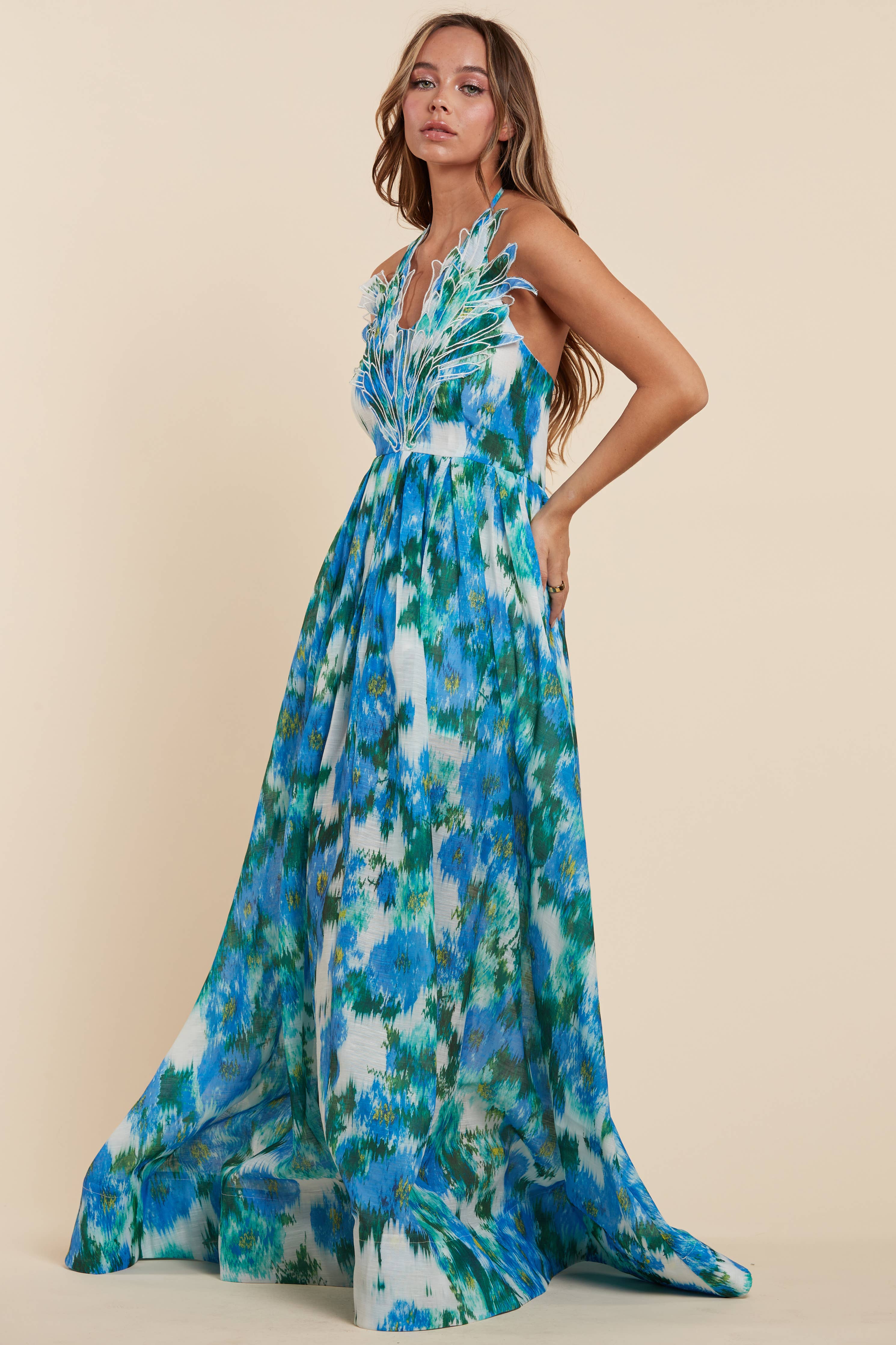 Peacock Elegance Tie-Dye Maxi Dress