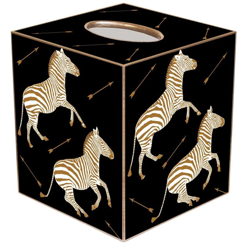 GOLD ZEBRA TROT ON BLACK TISSUE BOX