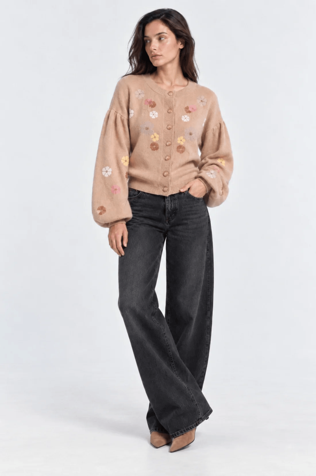 LS BALLOON CREW NK CARDIGAN W/EMBELLISHMENT