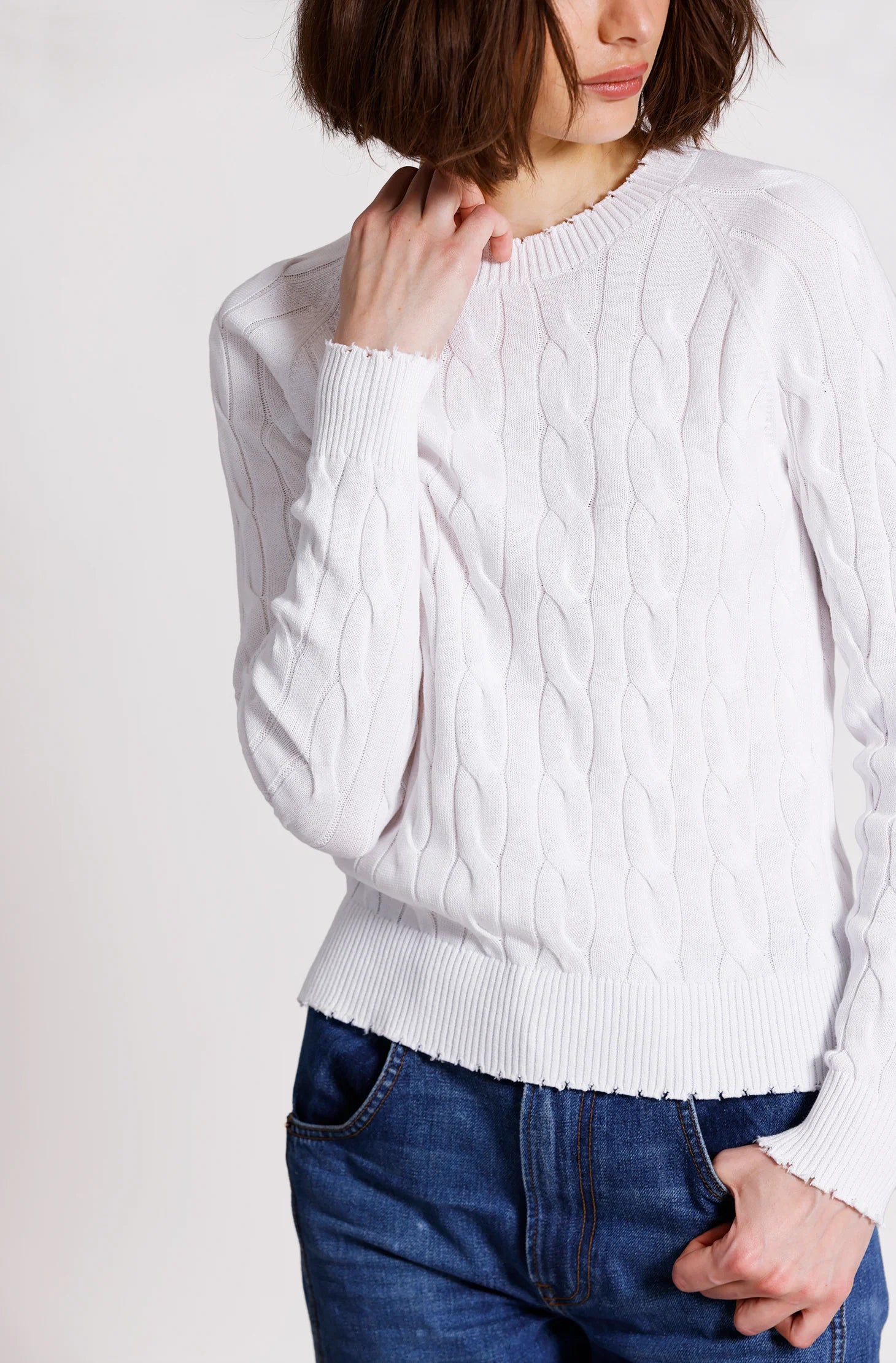 Cotton Cable LS Crew w/ Fringe Edge