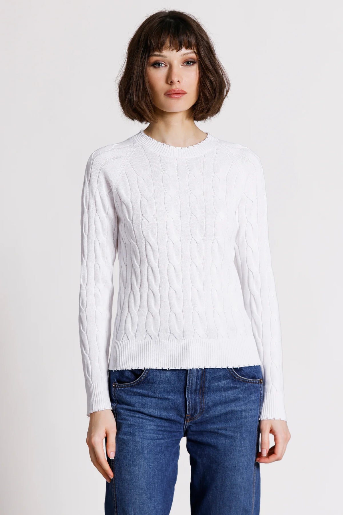 Cotton Cable LS Crew w/ Fringe Edge