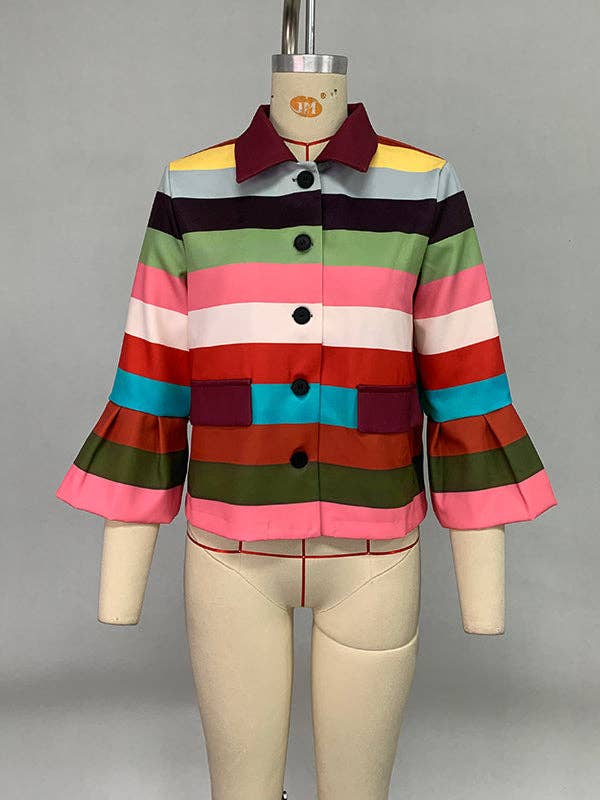 Puff Sleeve Striped Lapel Blouse – Multi-Colored