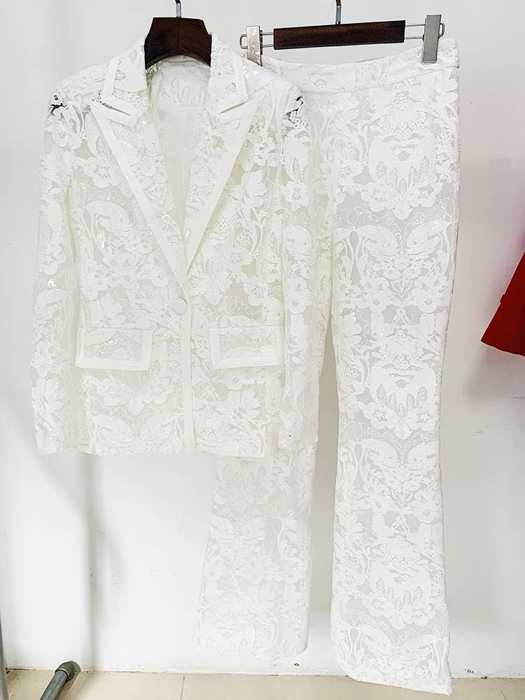 Lace Embroidered Sequin Blazer & Trouser Suit