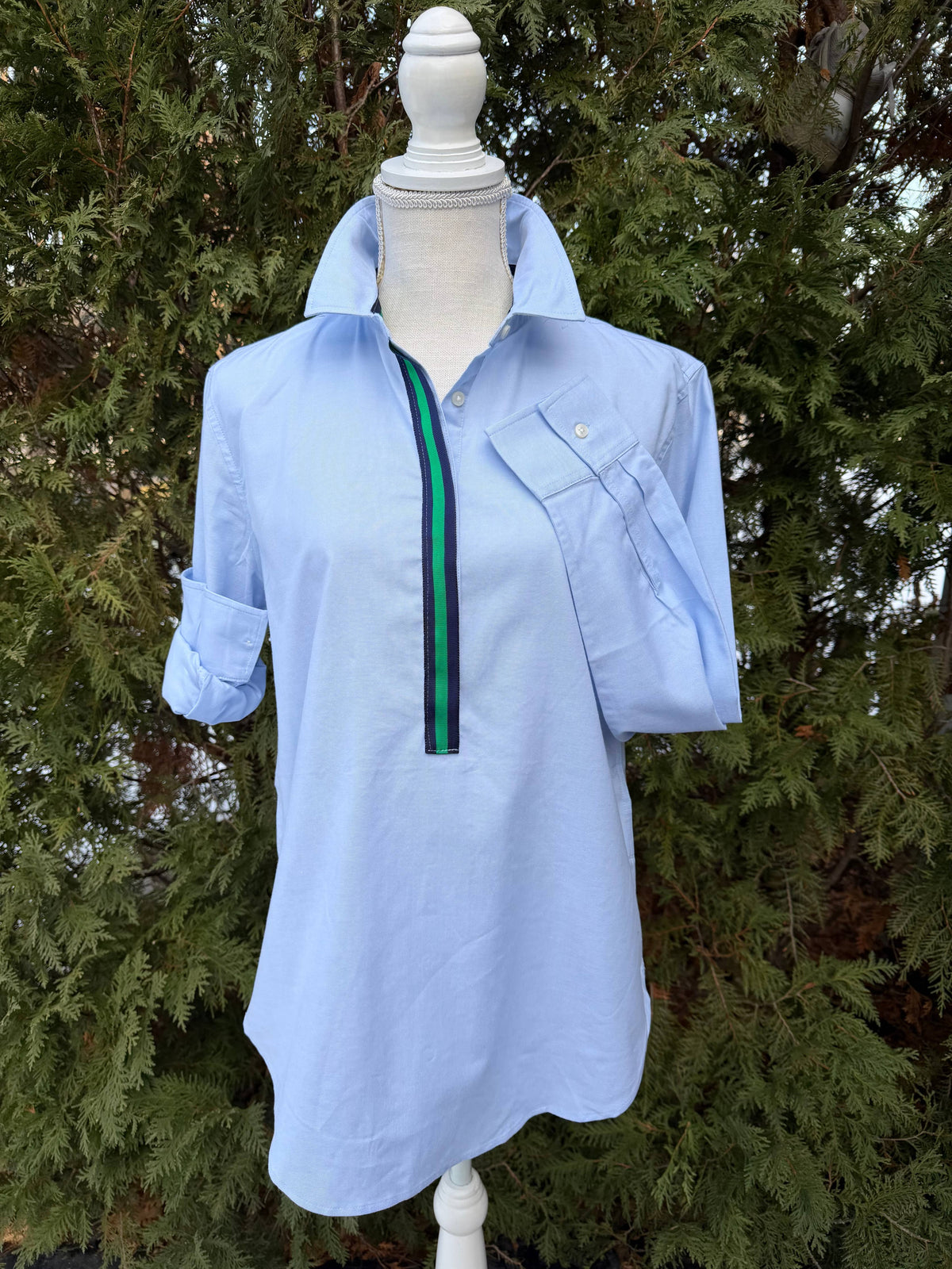 Dorothy 2 Ribbon Tunic - Blue w Navy & Green Ribbon