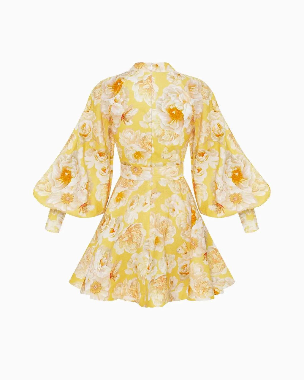 Graceful Floral Print Lantern Sleeve Belted Dress