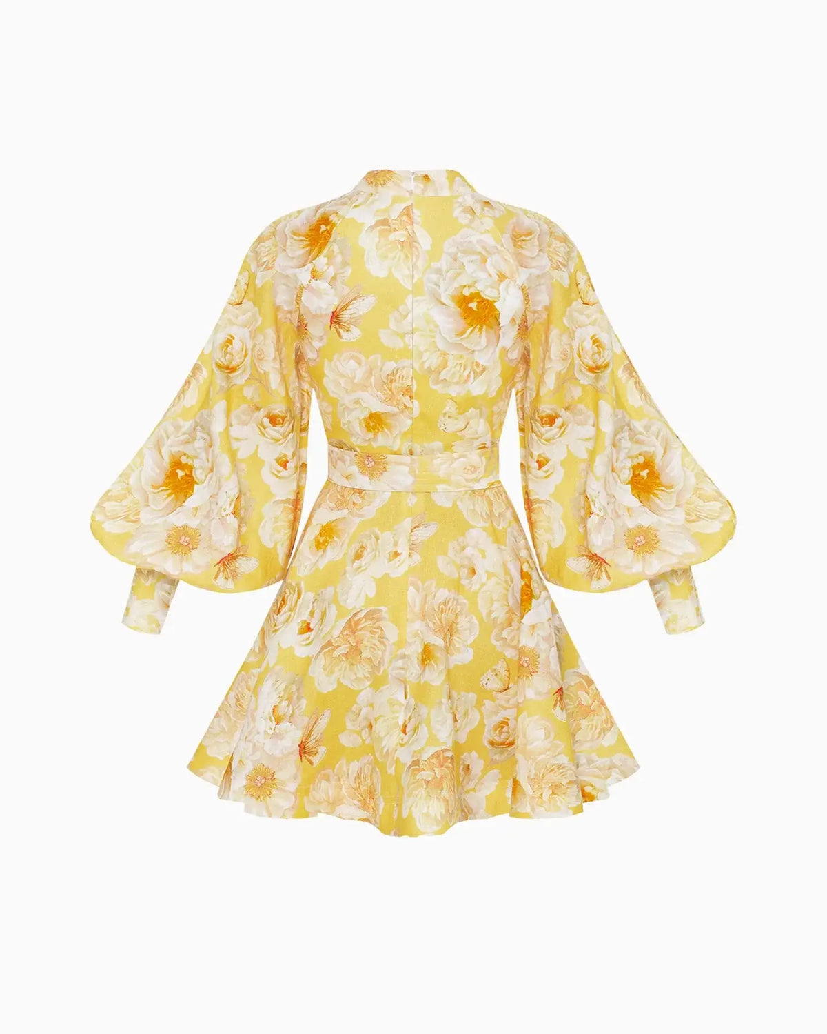 Graceful Floral Print Lantern Sleeve Belted Dress