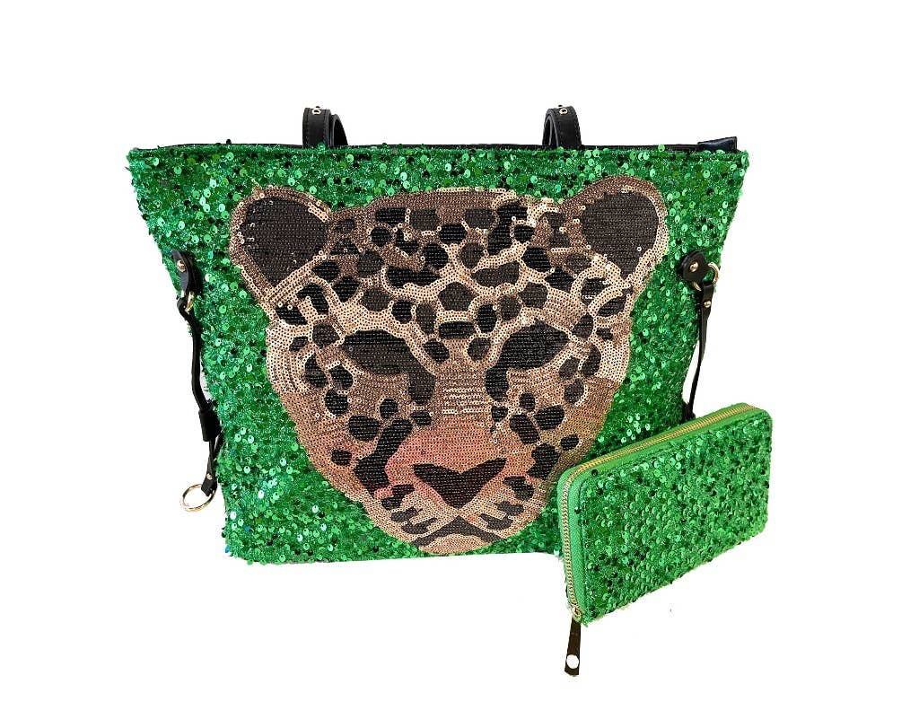 Leopard Vegan Leather Tote Bag with Green Sequins