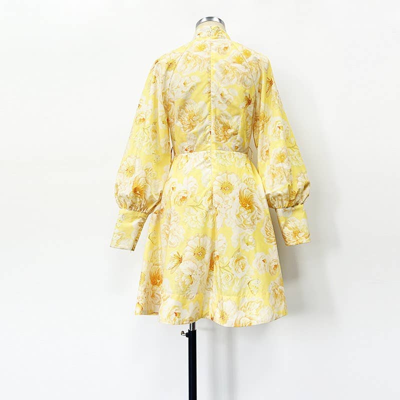 Graceful Floral Print Lantern Sleeve Belted Dress