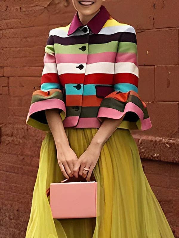 Puff Sleeve Striped Lapel Blouse – Multi-Colored