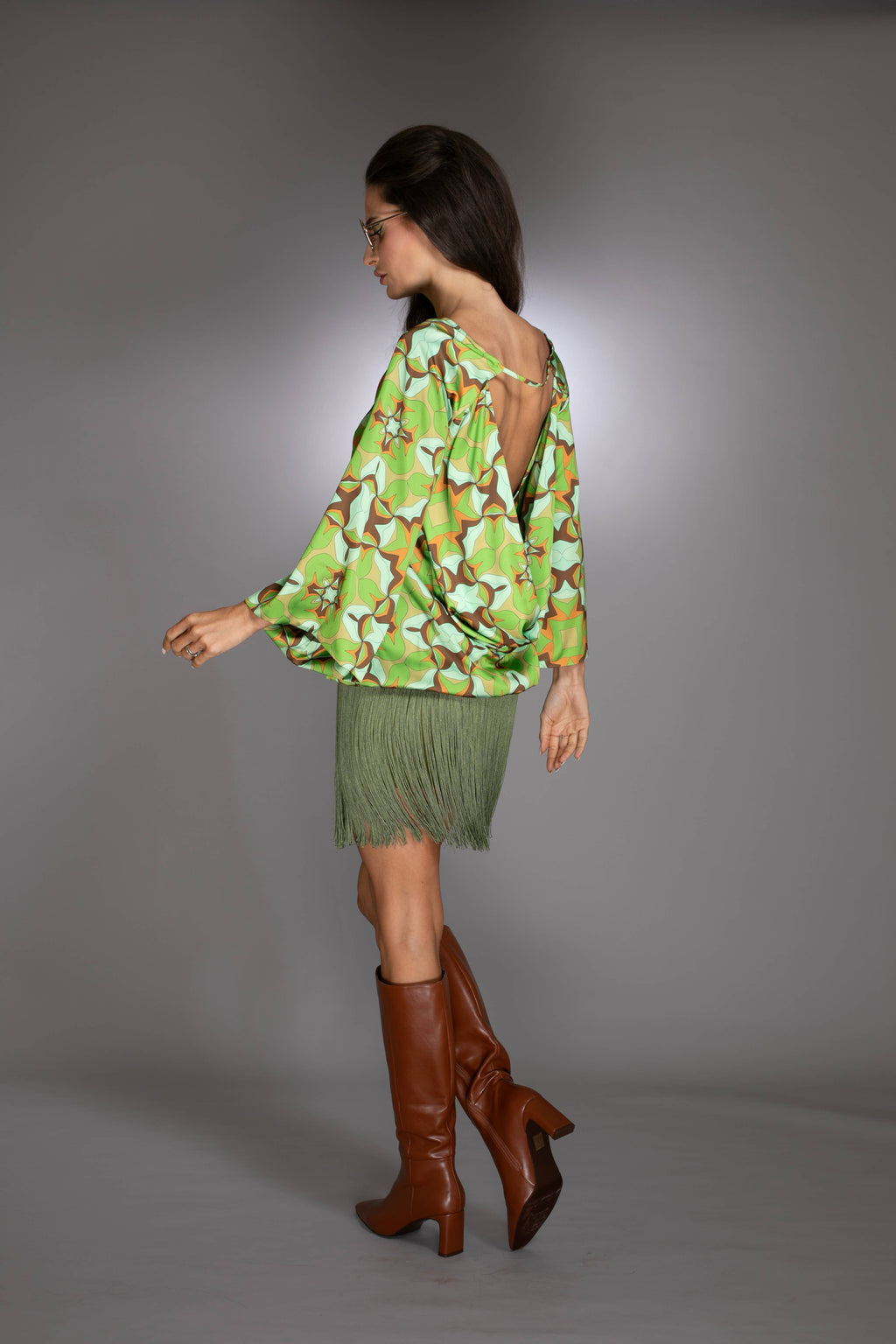Green Abstract Print Fringe Dress