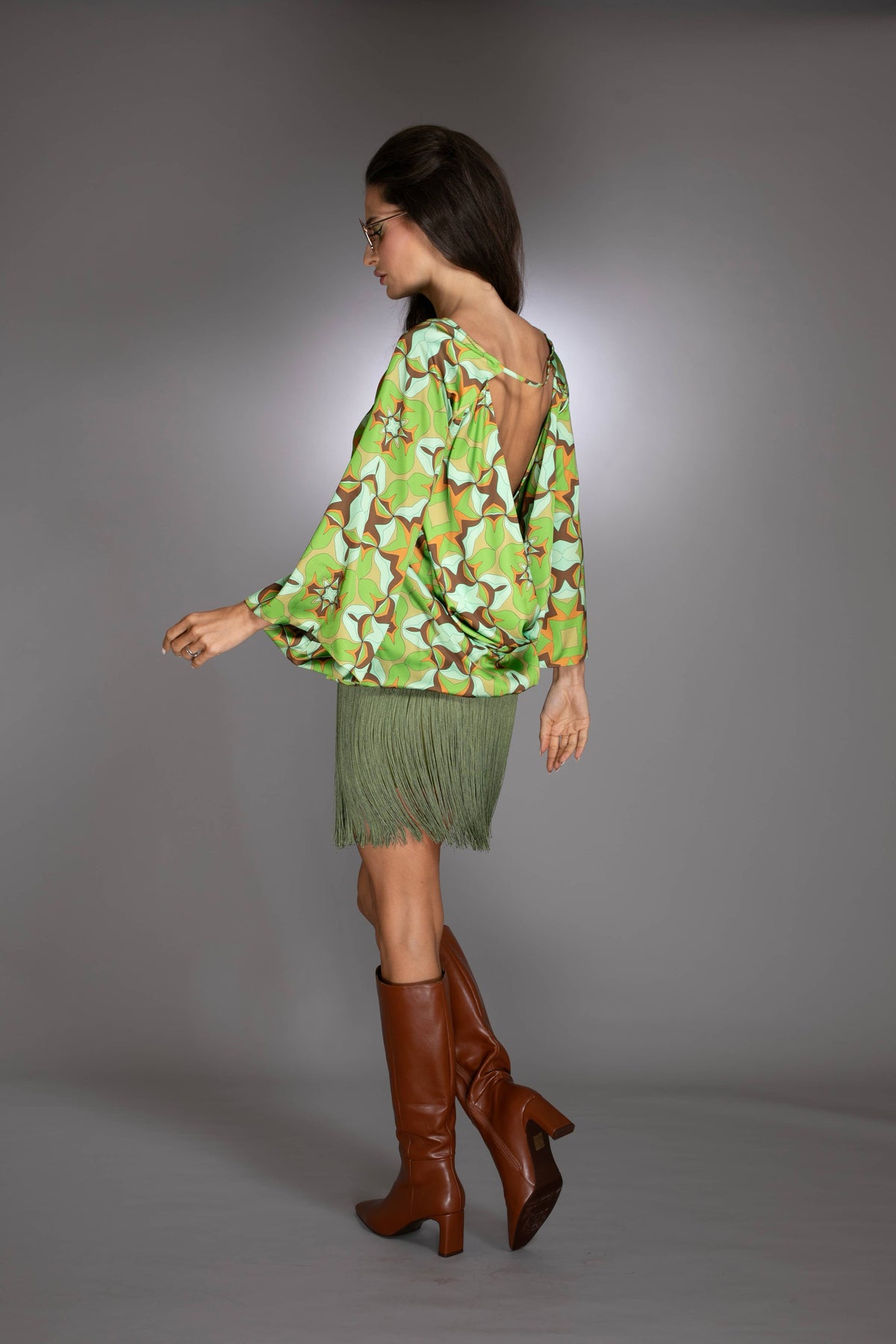 Green Abstract Print Fringe Dress