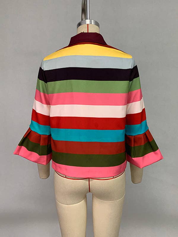 Puff Sleeve Striped Lapel Blouse – Multi-Colored