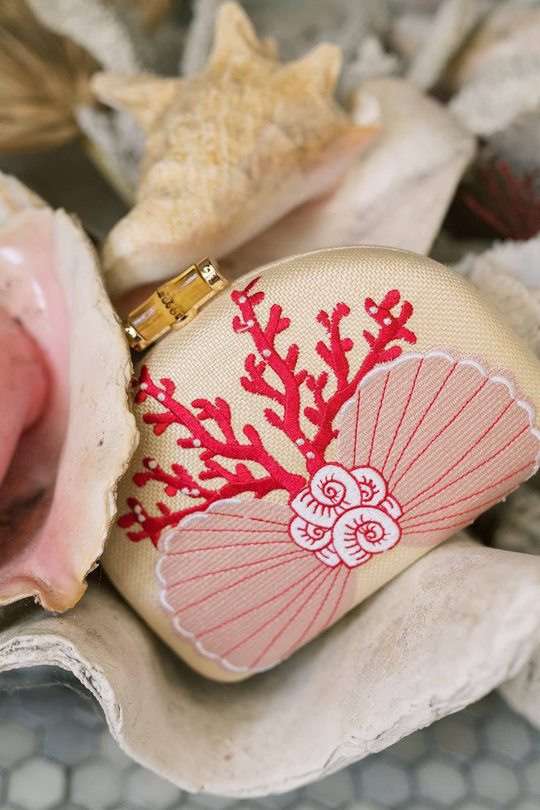 Coral and Shell Clutch- Embroidered