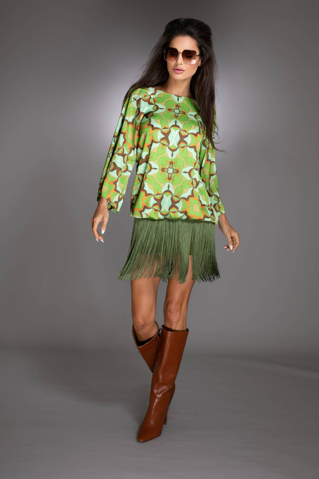 Green Abstract Print Fringe Dress