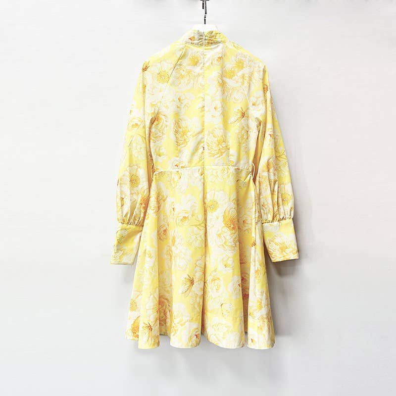 Graceful Floral Print Lantern Sleeve Belted Dress