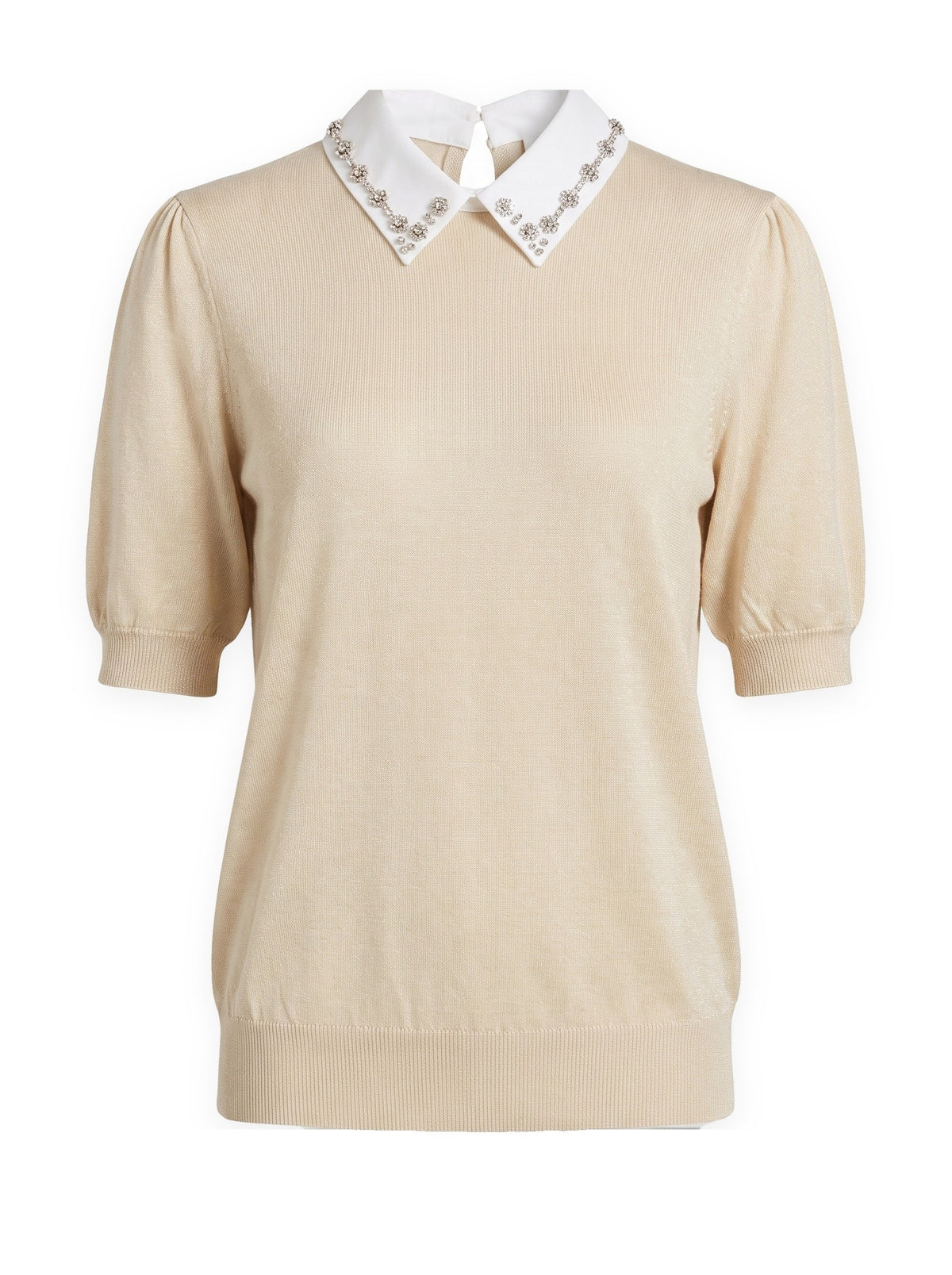 Crew Neck Puff Short Sleeve Knit Pullover in sand, front view