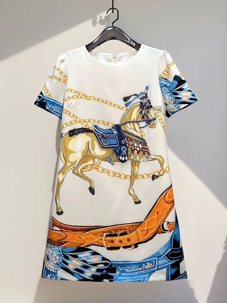 Beaded A Line Printed Dress