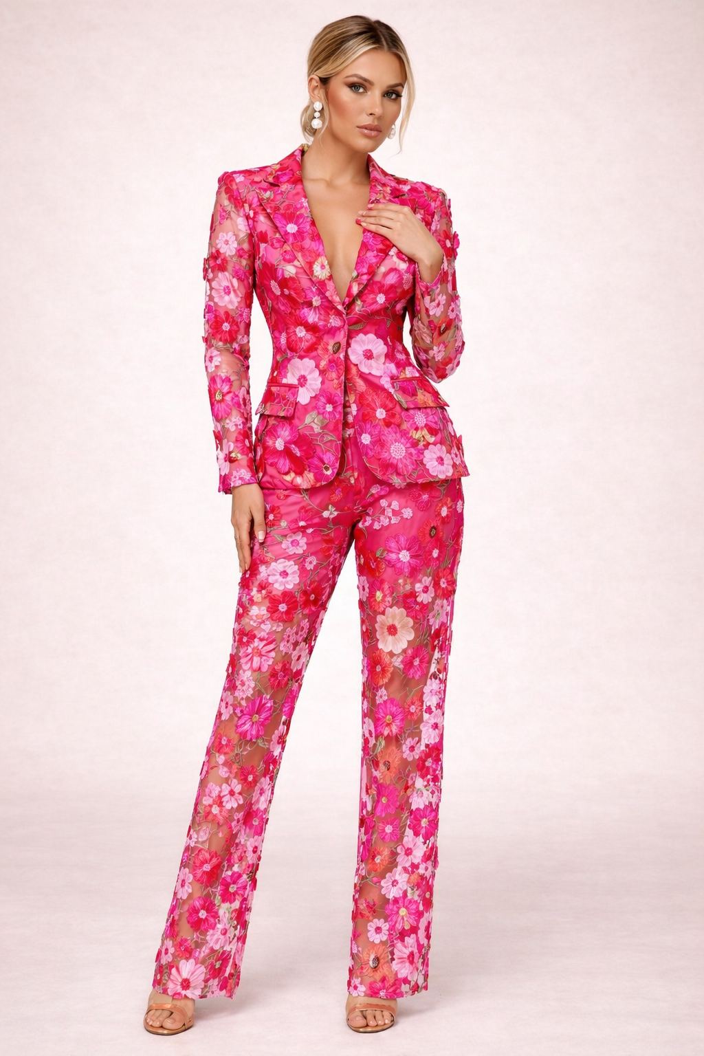 Floral Embroidered Blazer Pants Suit Women