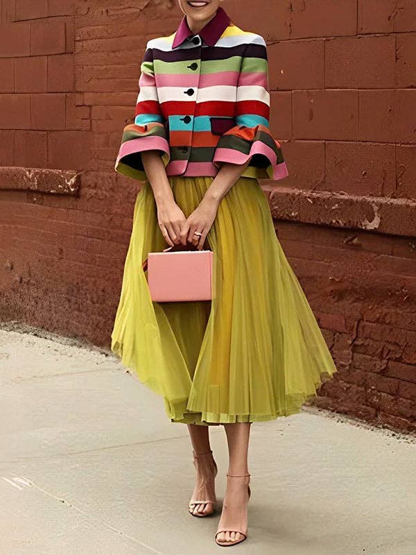 Puff Sleeve Striped Lapel Blouse – Multi-Colored