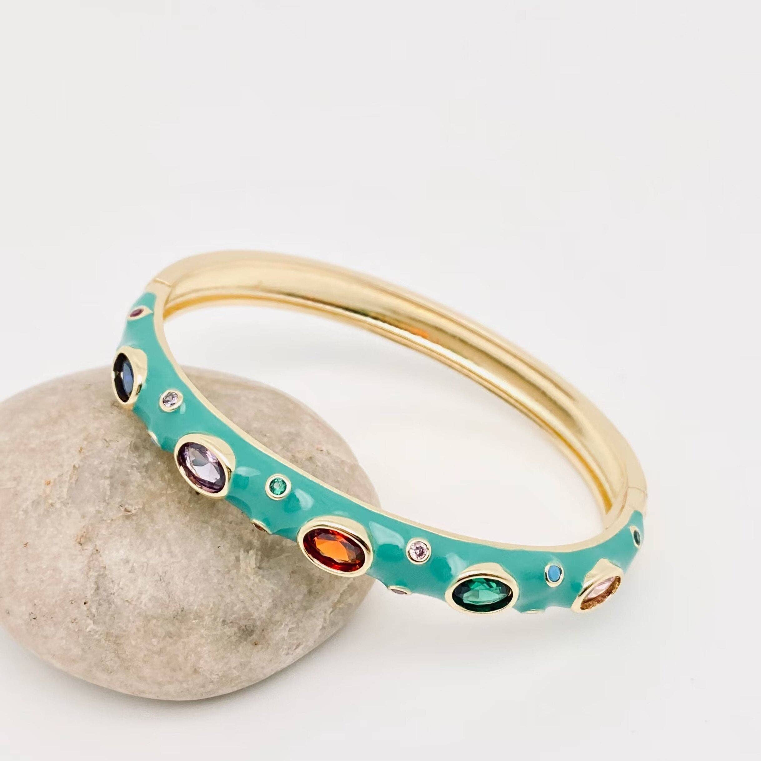 Inlaid Cubic Zirconia Gold Plated 8MM Enamel Bangle