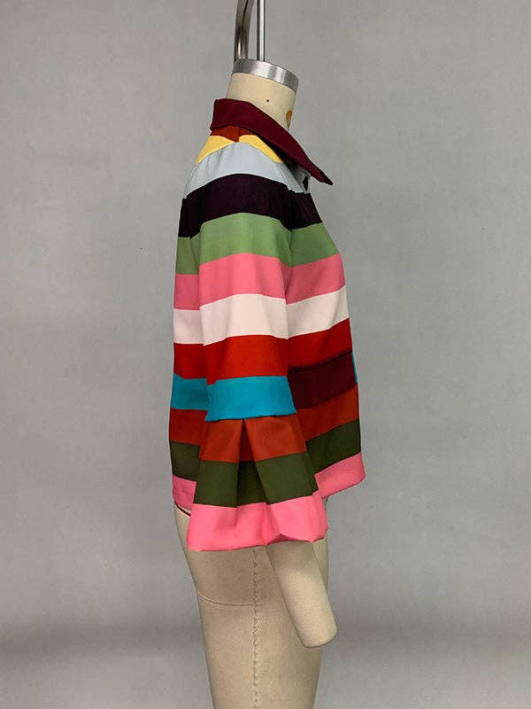Puff Sleeve Striped Lapel Blouse – Multi-Colored