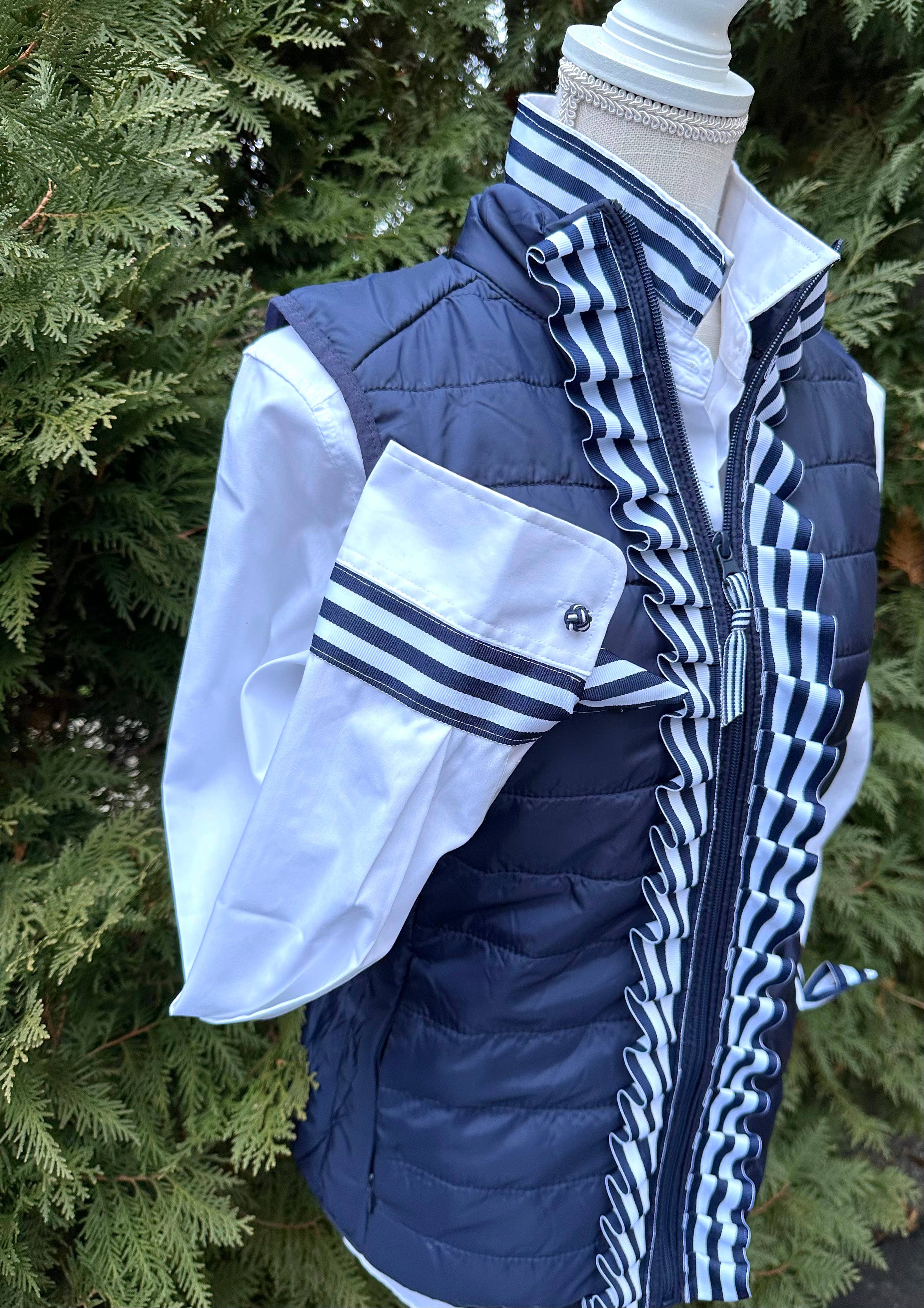 Audrey Ribbon White w Navy White Stripe Ribbon