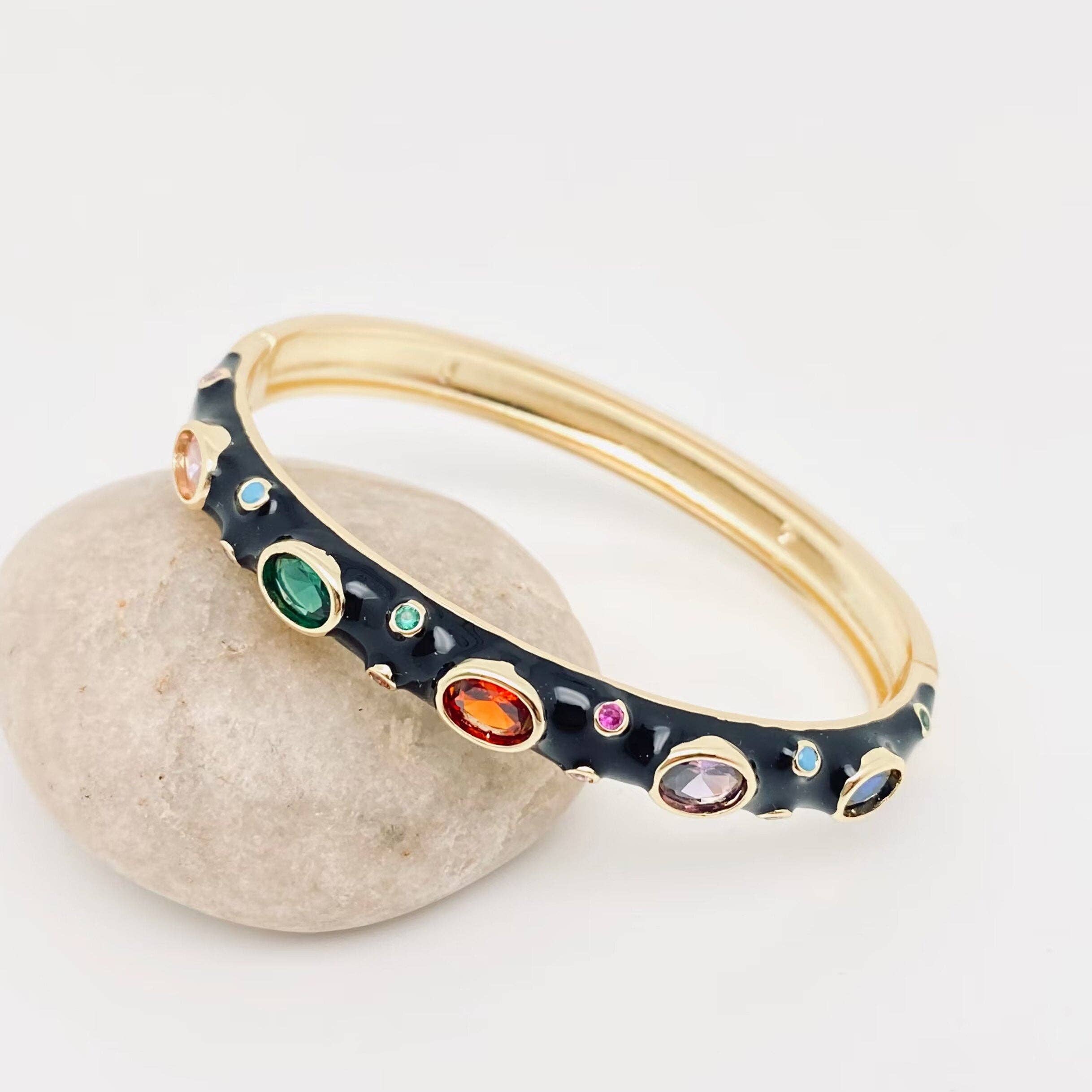 Inlaid Cubic Zirconia Gold Plated 8MM Enamel Bangle