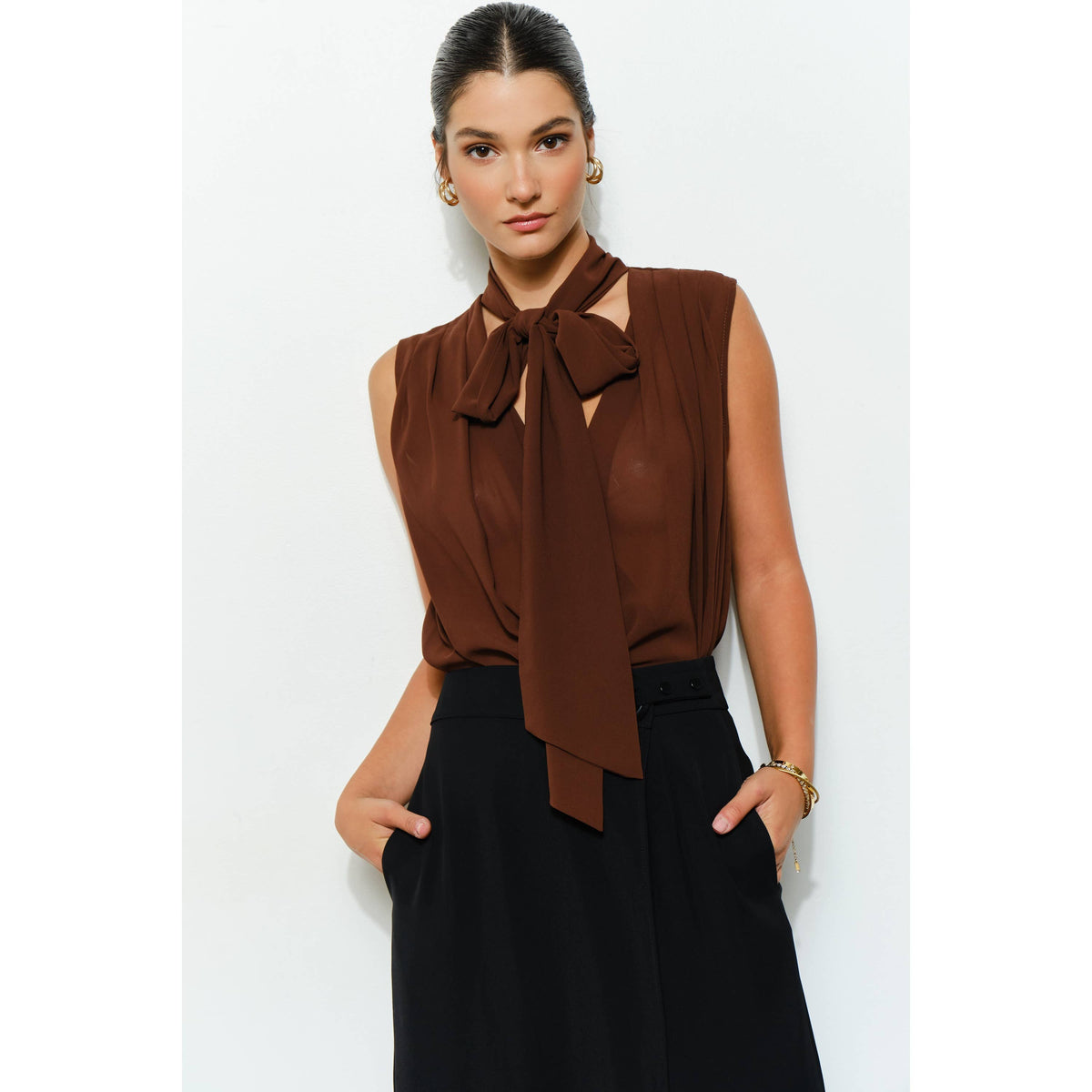 Tie-Neck Chiffon Sleeveless Blouse