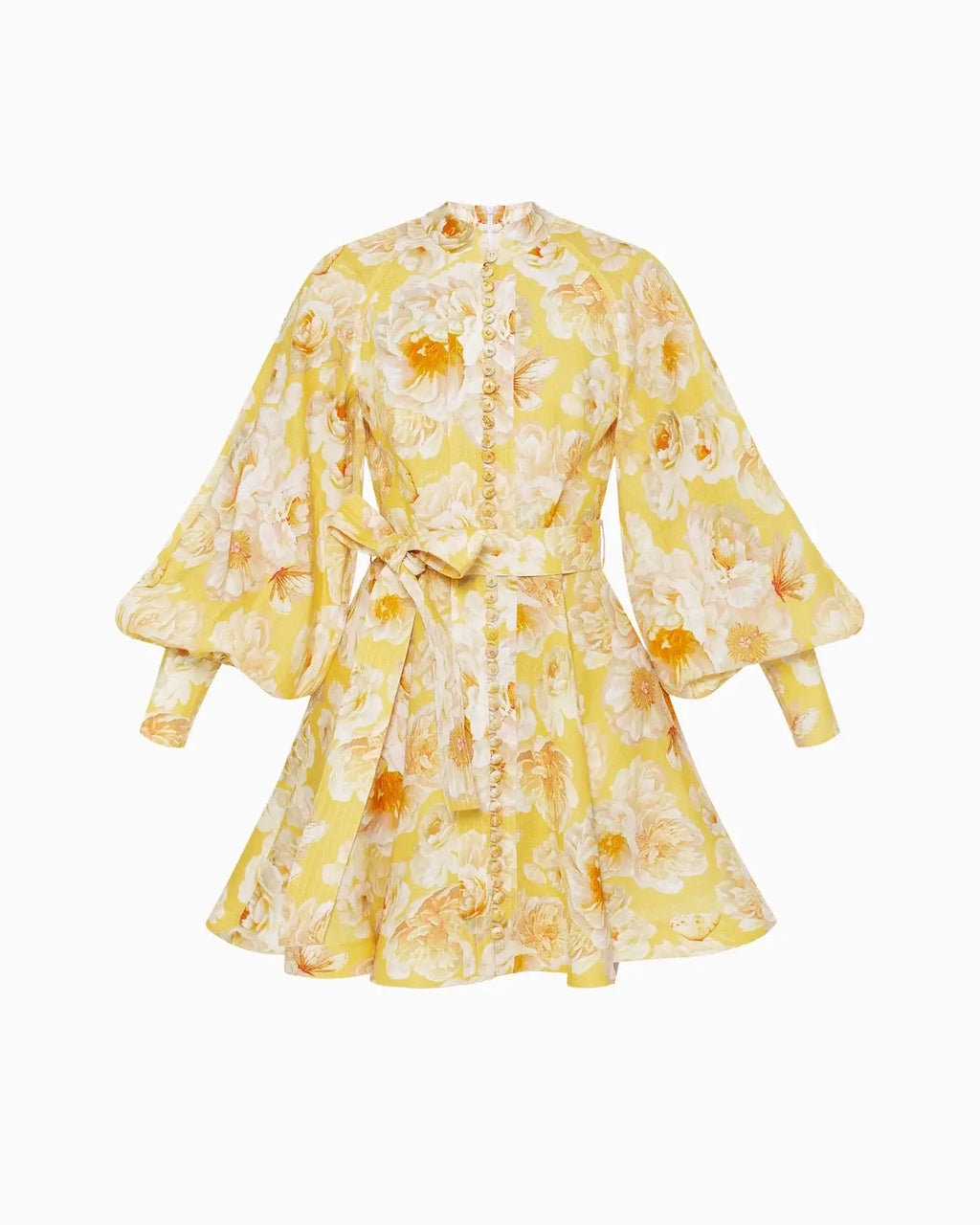 Graceful Floral Print Lantern Sleeve Belted Dress
