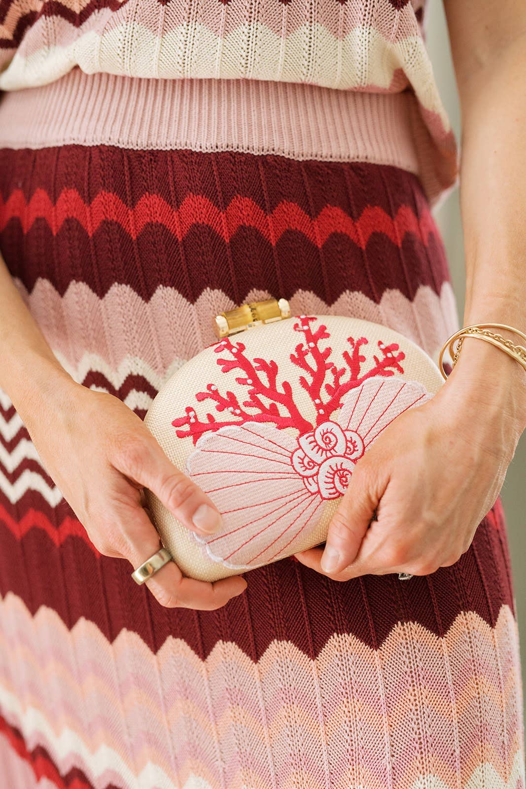 Coral and Shell Clutch- Embroidered