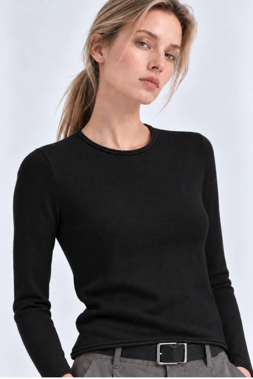 LS CREW NK W/ROLLED TRIM SWEATER
