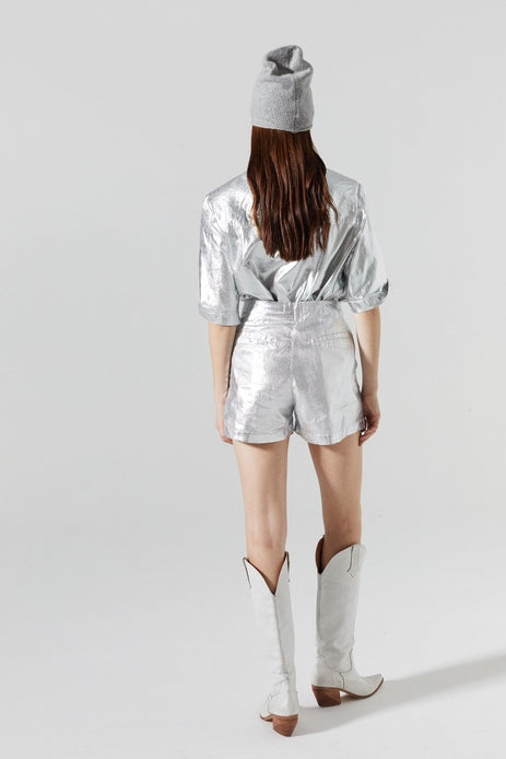 Silver Metallic Linen Shorts