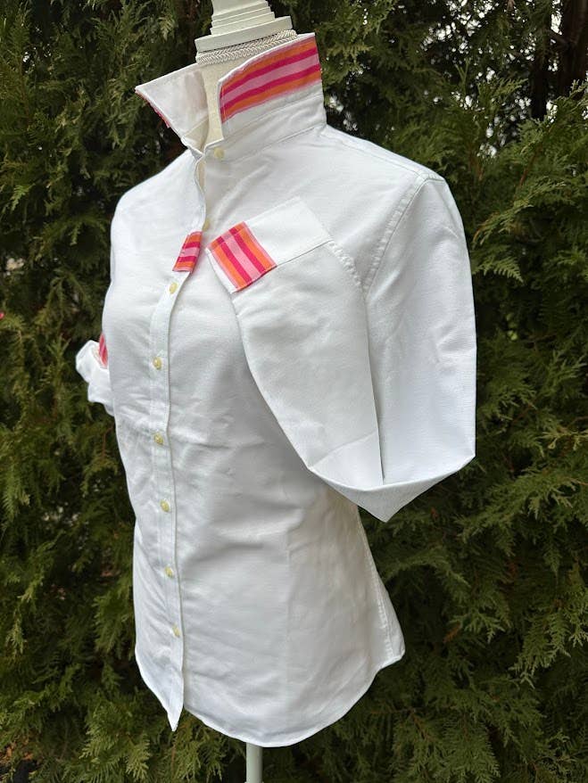 White Oxford w/Pink & Orange Stripe Ribbon