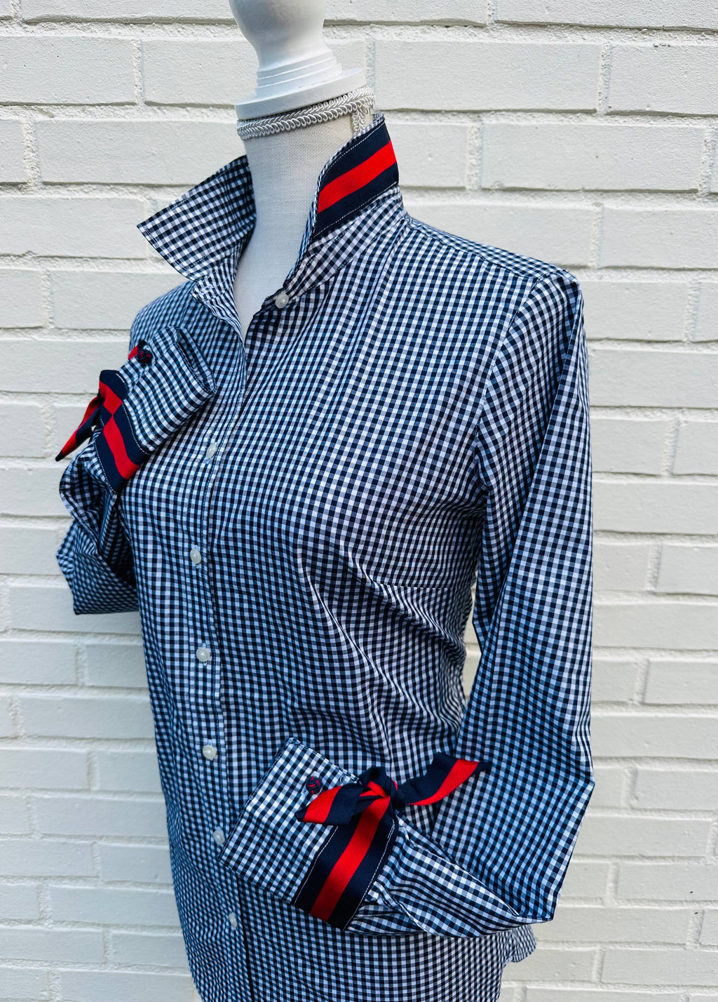 Navy Gingham w/Navy & Red Stripe Ribbon