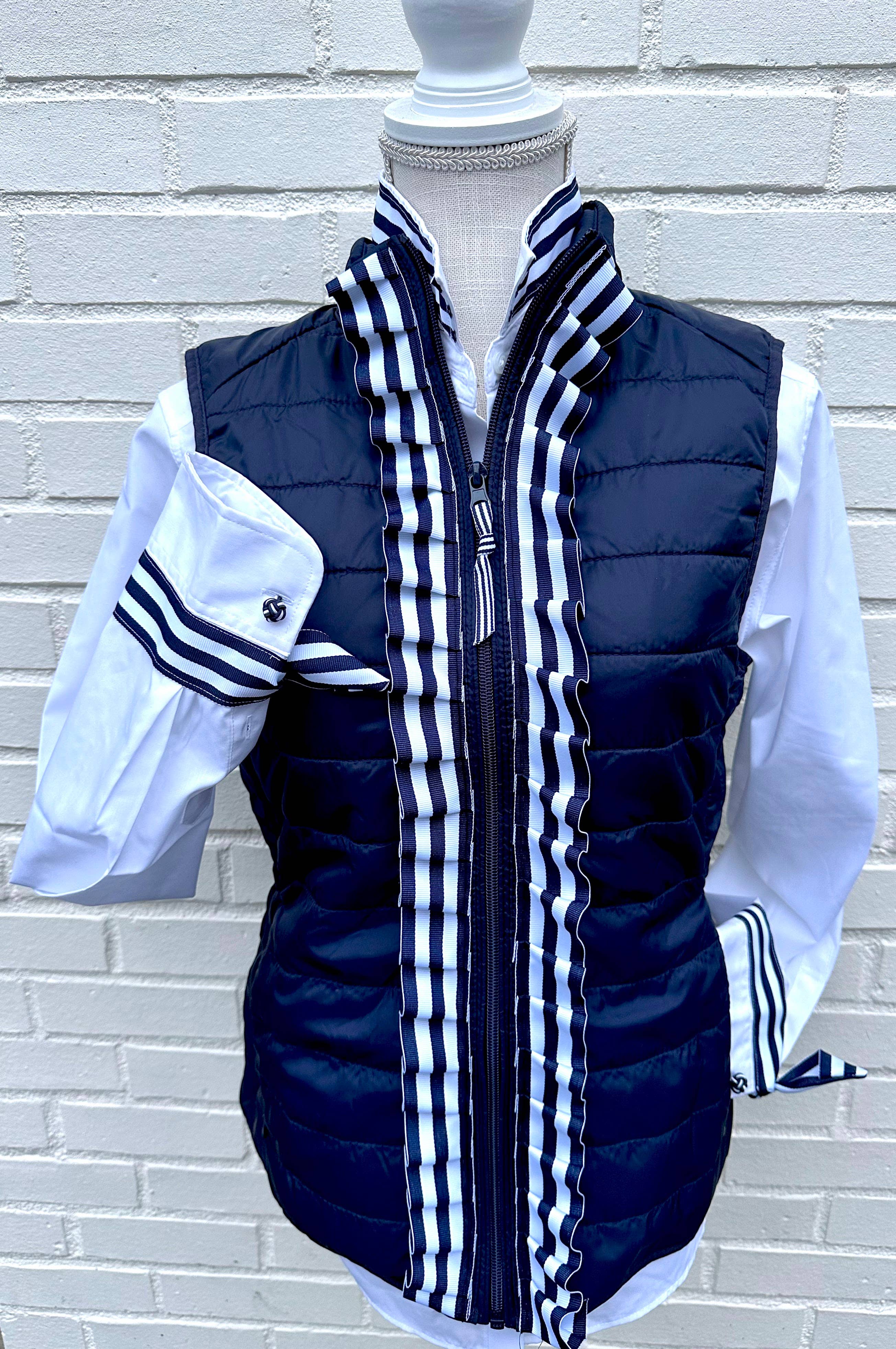 Audrey Ribbon White w Navy White Stripe Ribbon