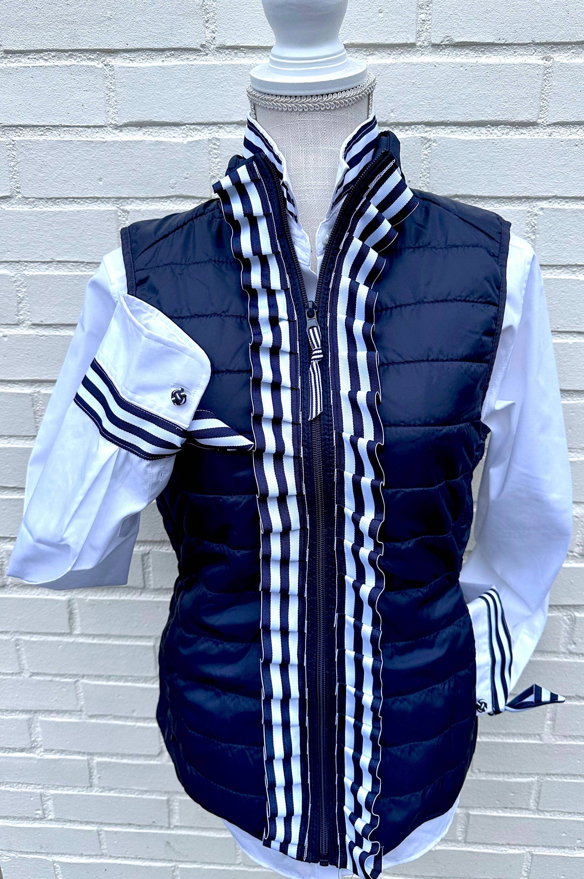 Audrey Ribbon White w Navy White Stripe Ribbon