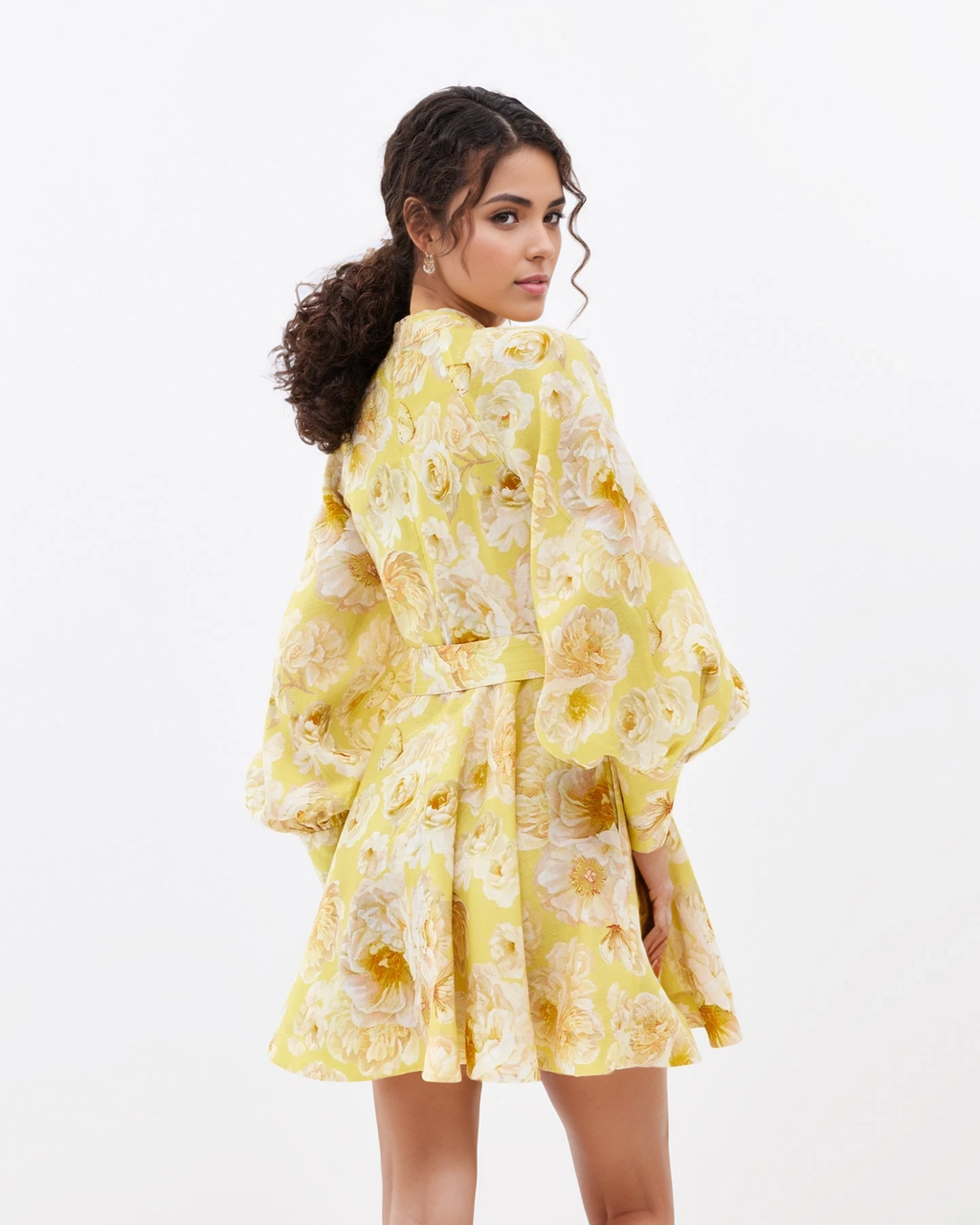 Graceful Floral Print Lantern Sleeve Belted Dress