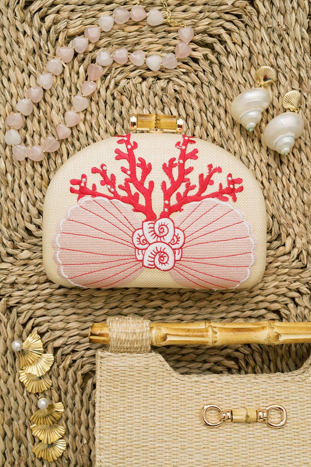 Coral and Shell Clutch- Embroidered
